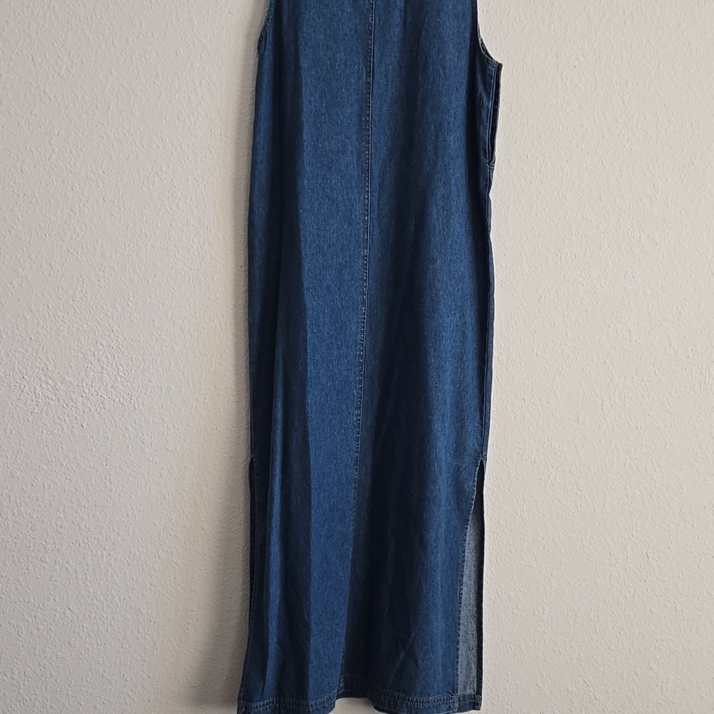 Vintage Denim Jumper Dress with Patchwork Heart Accents And Two Side Slits - Picture 9 of 10